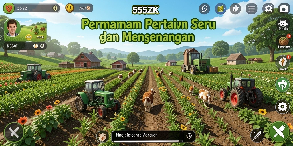 Gameplay seru dalam 555ZK yang menampilkan kebun yang subur.