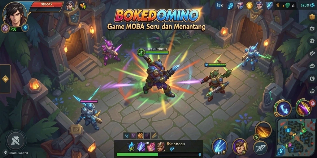 Tampilan gameplay epik BOKEDOMINO di arena pertandingan MOBA.