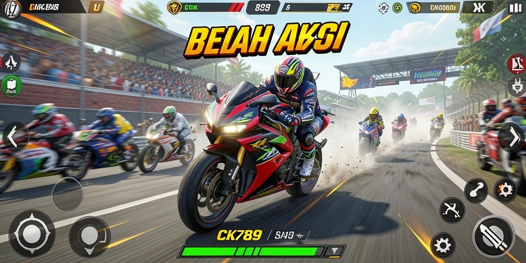 Screenshot gameplay CK789 menunjukkan aksi balapan sepeda motor yang mendebarkan.