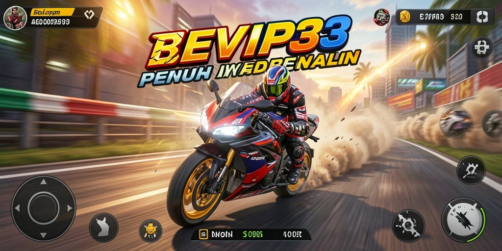 Screenshot gameplay EVIP3 menunjukkan balapan motor yang seru dan mendebarkan.