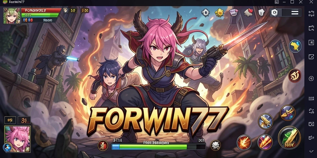 Tampilan gameplay FORWIN77 yang penuh warna dan dinamis dalam dunia anime.