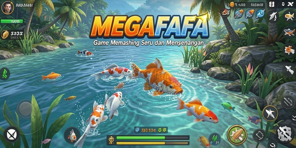 Tampilan gameplay MEGAFAFA dengan ikan yang beragam dan alat pancing.