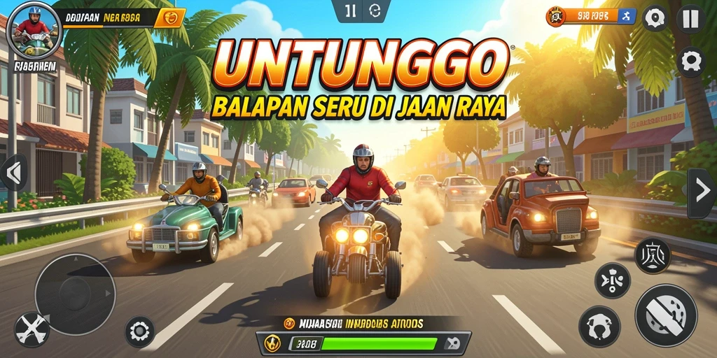 Screenshot utama UNTUNGGO menampilkan balapan mendebarkan di jalanan kota.